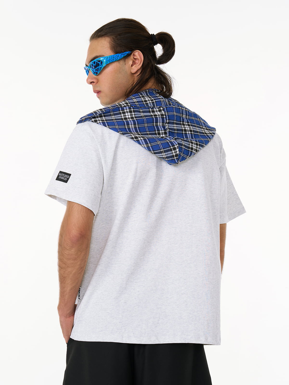 Jersey Knit Detachable Badge Hooded Plaid Cape T-Shirt