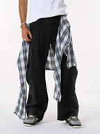 Denim Faux Two-piece Plaid Detachable Scimitar Jeans - 2435
