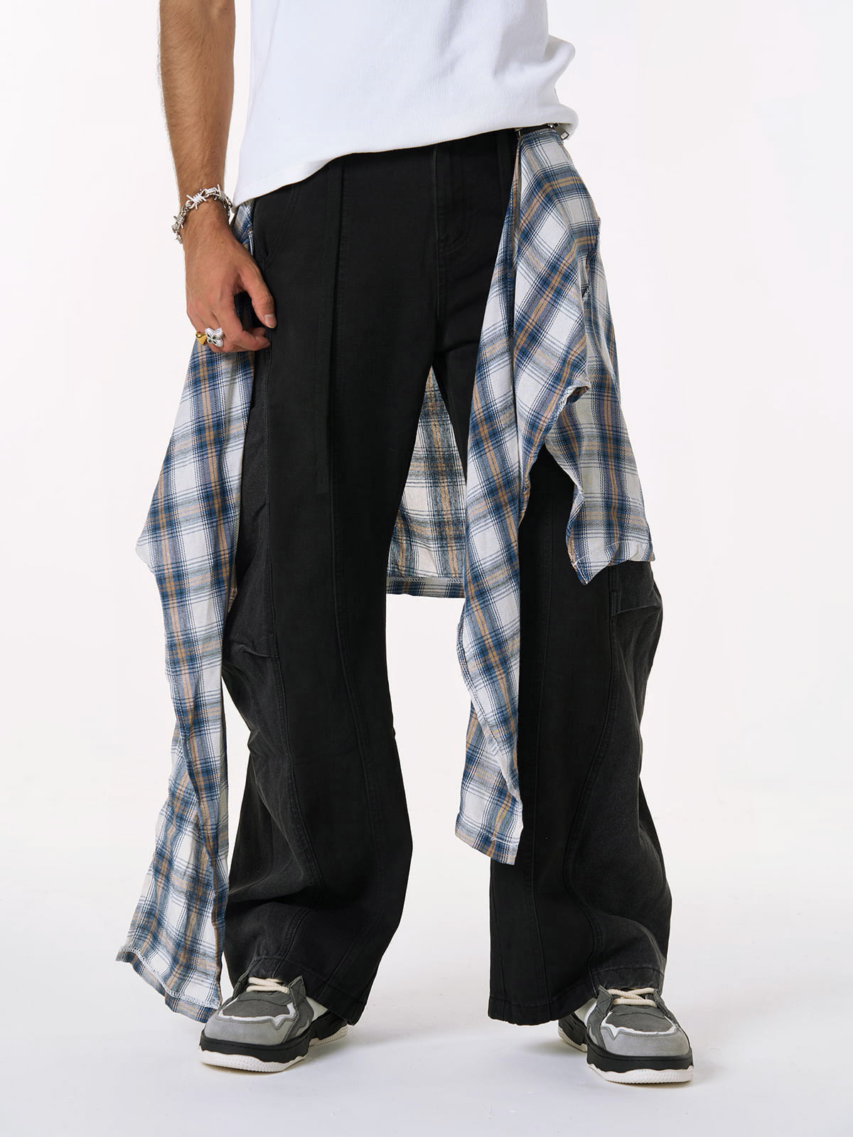 Denim Faux Two-piece Plaid Detachable Scimitar Jeans - 2435