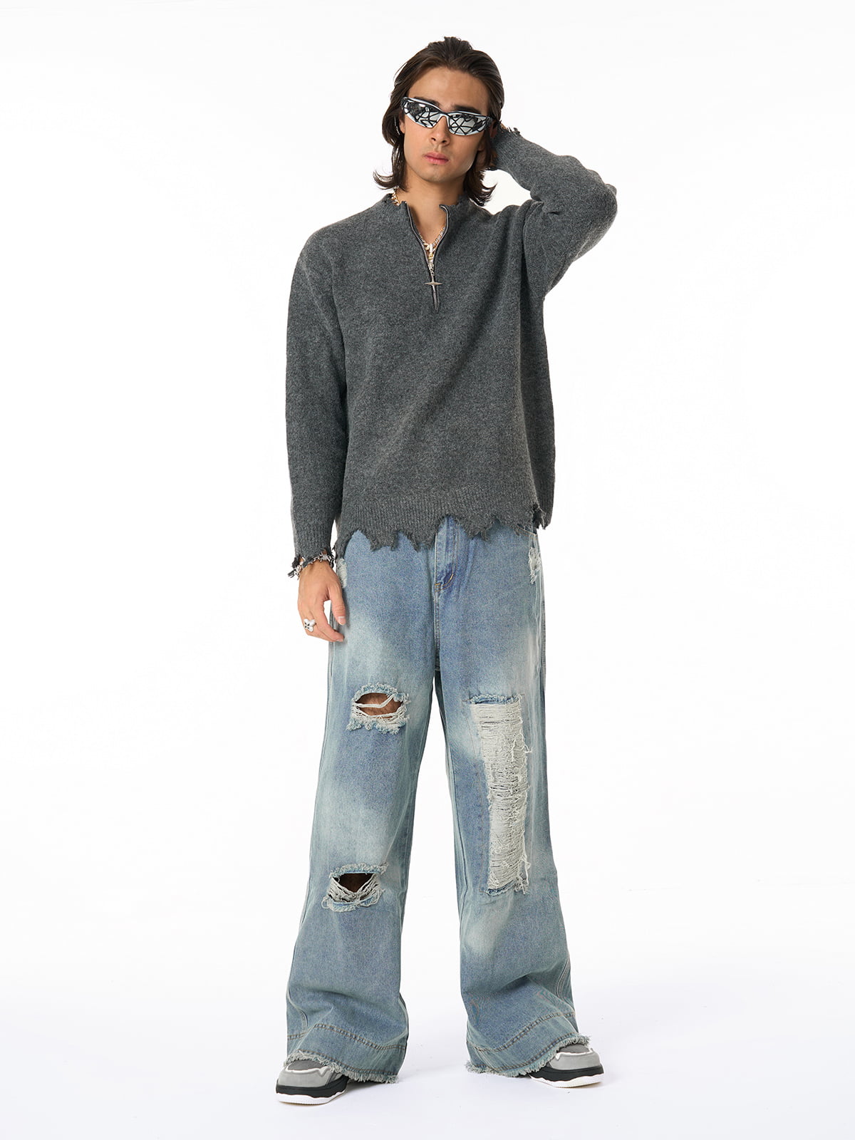 Theprecipice Washed Ripped Baggy Jeans