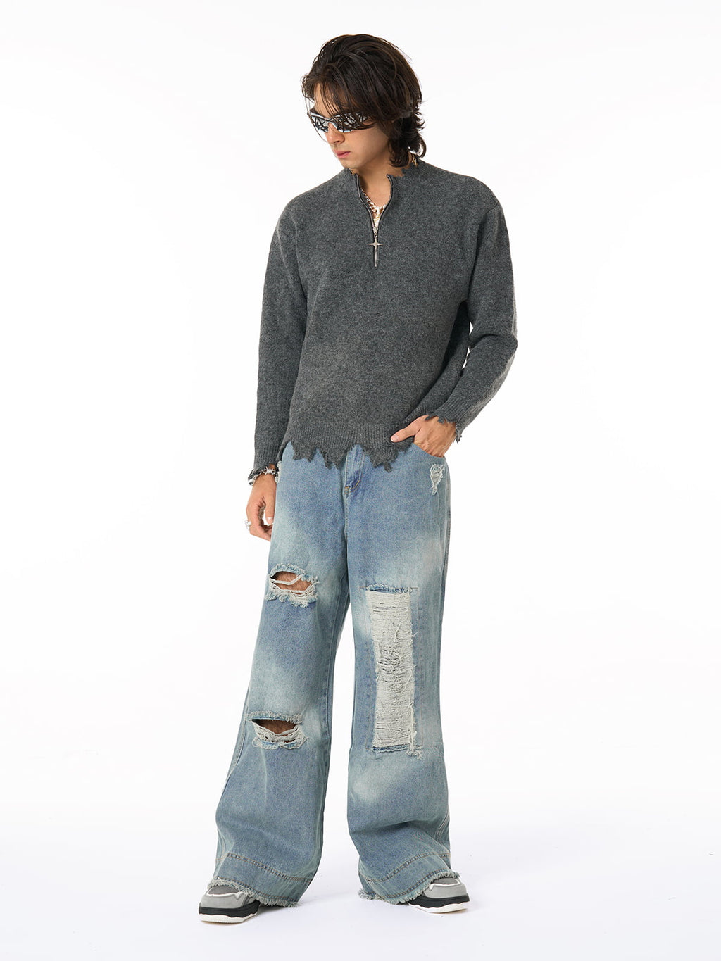 Theprecipice Washed Ripped Baggy Jeans