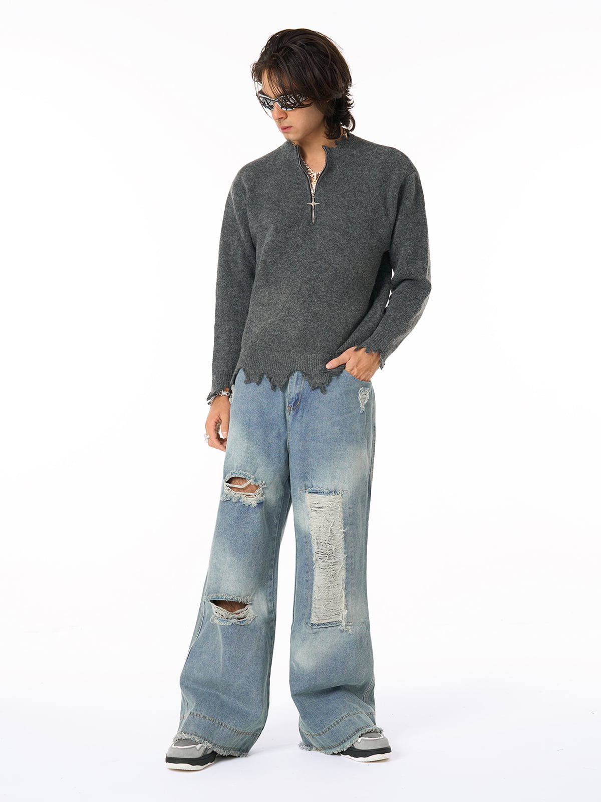 Theprecipice Washed Ripped Baggy Jeans
