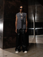 Cross-Print Distressed Washed Vest