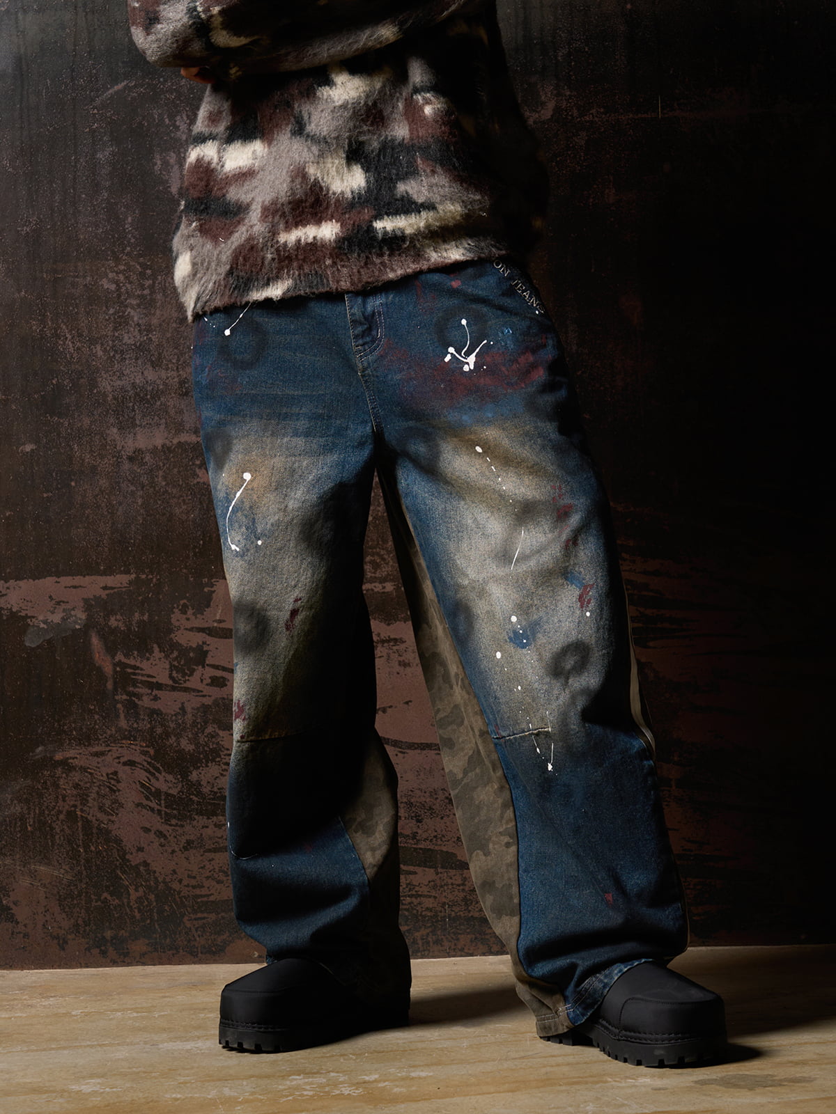 Washed Stripe Patchwork Totem Print Baggy Jeans