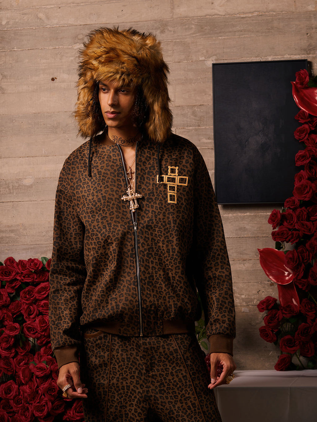 Cross Frame Leopard Print Baseball Jacket - 2572