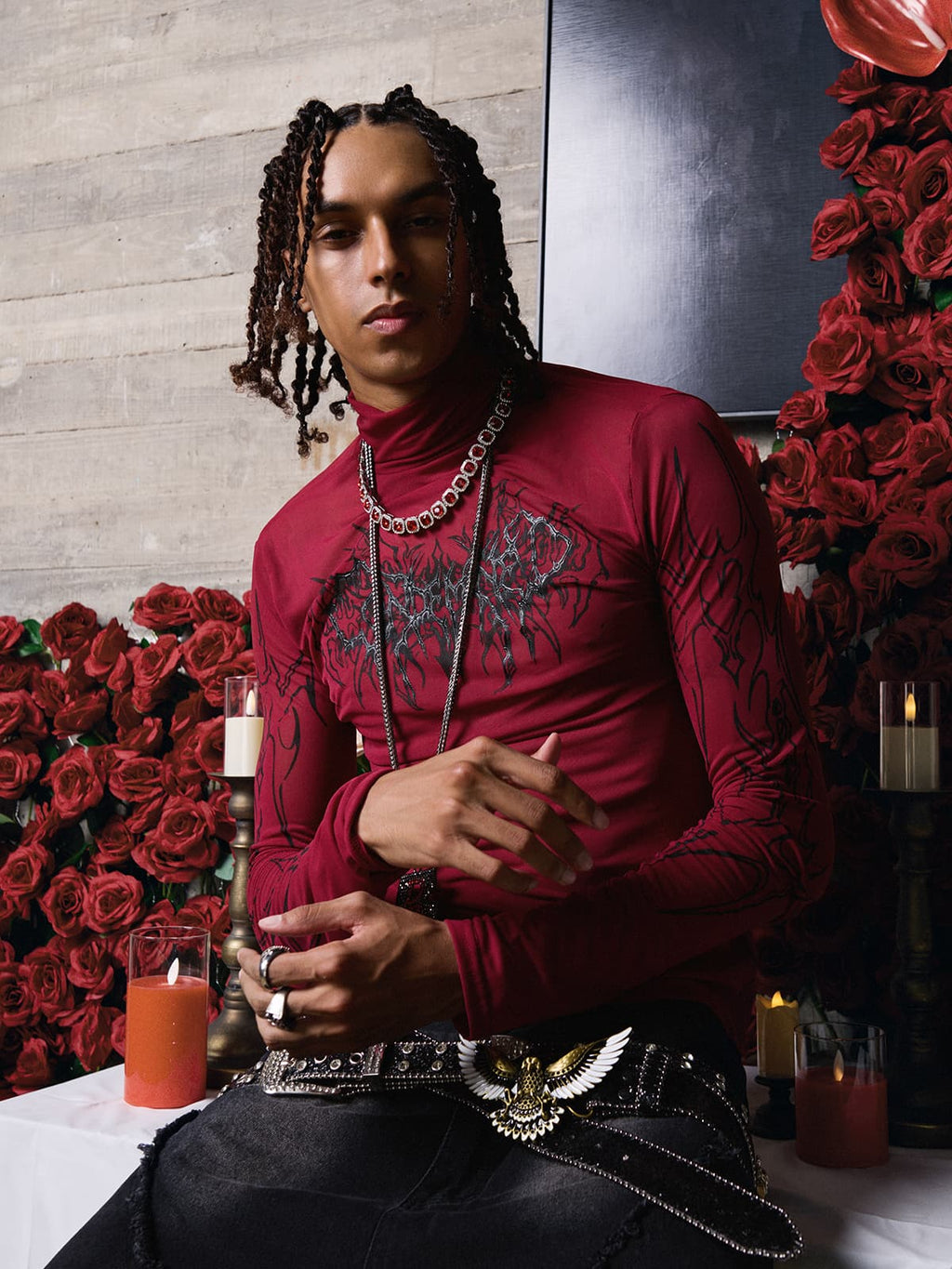 Dark Style Printed Slim Mesh Long Sleeves T-Shirt