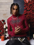 Dark Style Printed Slim Mesh Long Sleeves T-Shirt