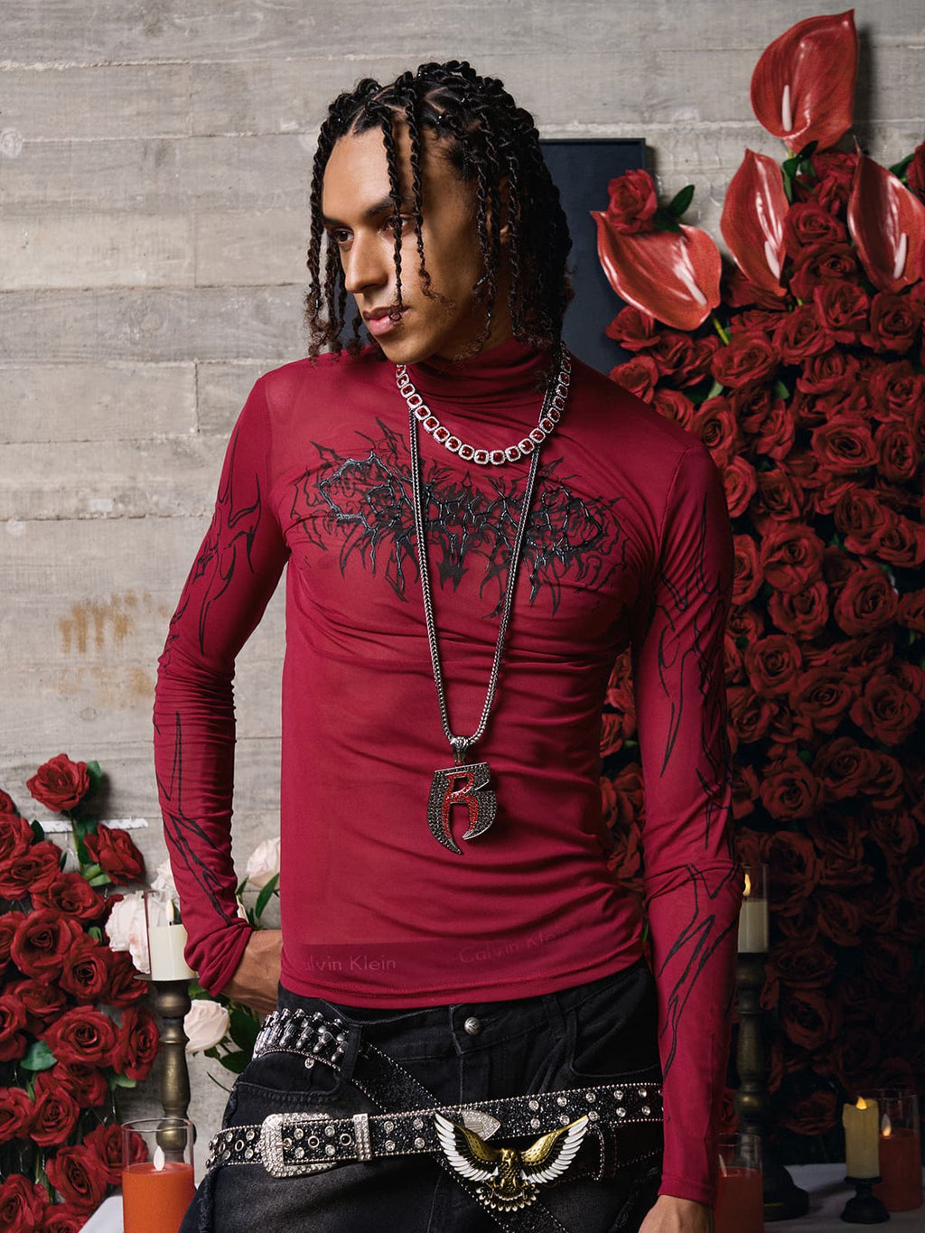 Dark Style Printed Slim Mesh Long Sleeves T-Shirt
