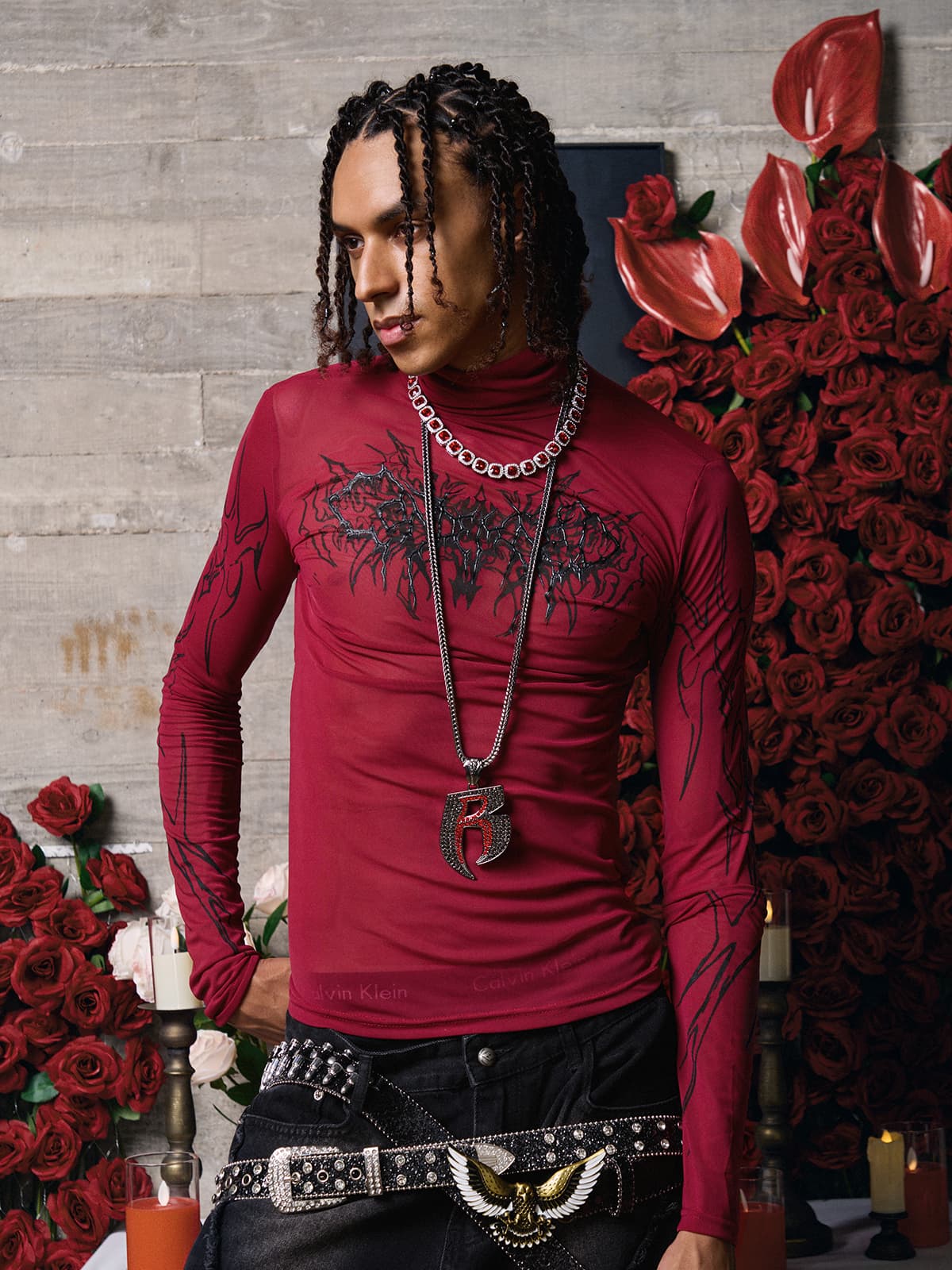 Dark Style Printed Slim Mesh Long Sleeves T-Shirt