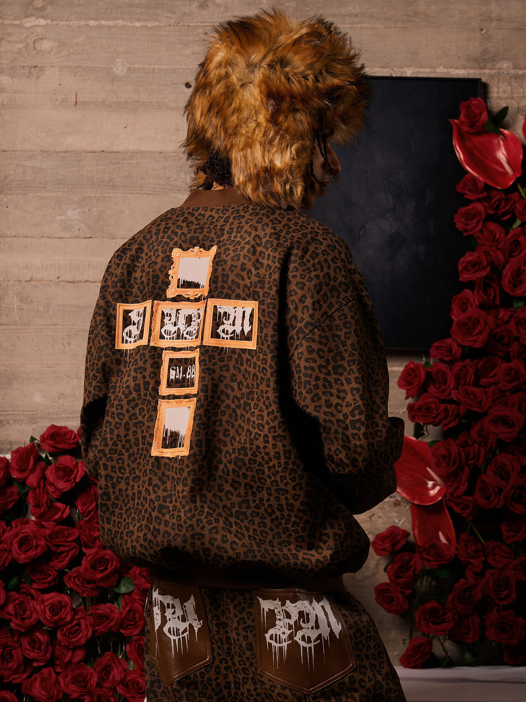 Cross Frame Leopard Print Baseball Jacket - 2572