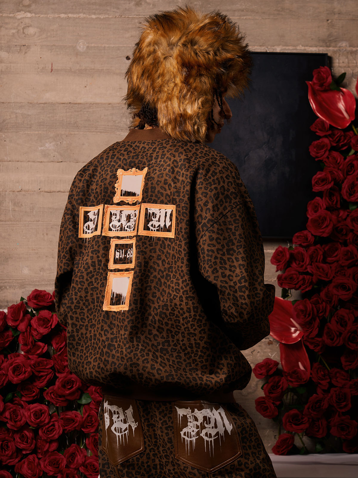 Cross Frame Leopard Print Baseball Jacket - 2572