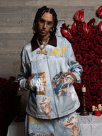 Artistic Patches Graphic  Distressed Denim Jacket - 2573