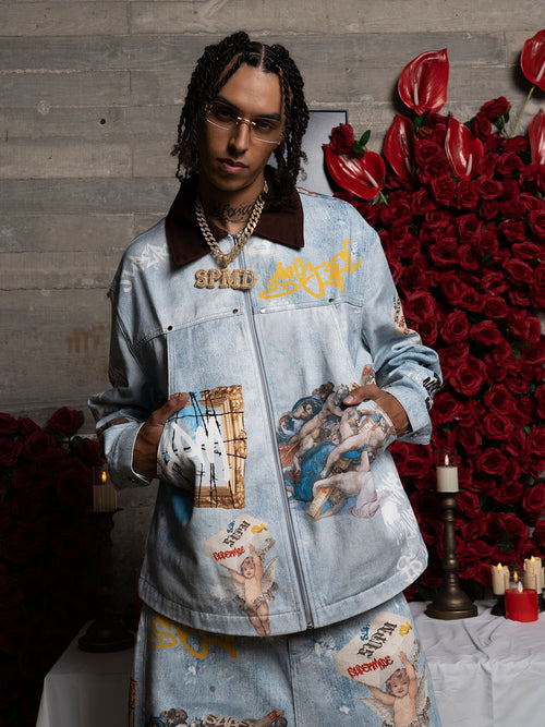 Artistic Patches Graphic  Distressed Denim Jacket - 2573