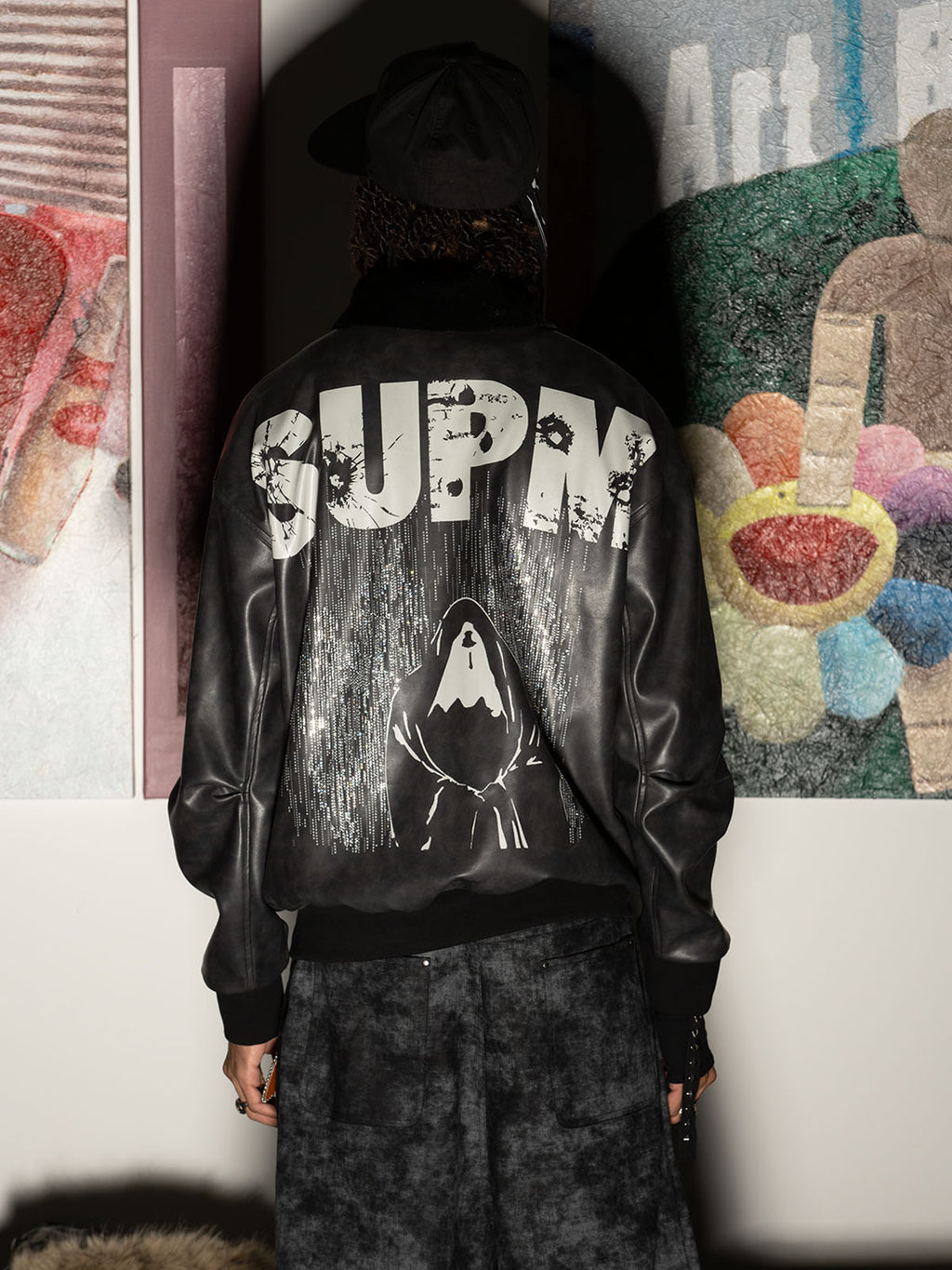 SUPM Fur Collar Rhinestone Pattern Leather Jacket - 2557