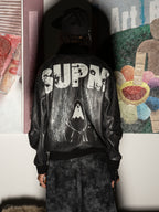 SUPM Fur Collar Rhinestone Pattern Leather Jacket - 2557