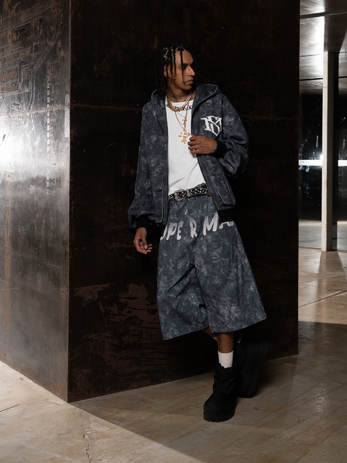 Original Oversized Denim Hoodie And Shorts Set - 2583