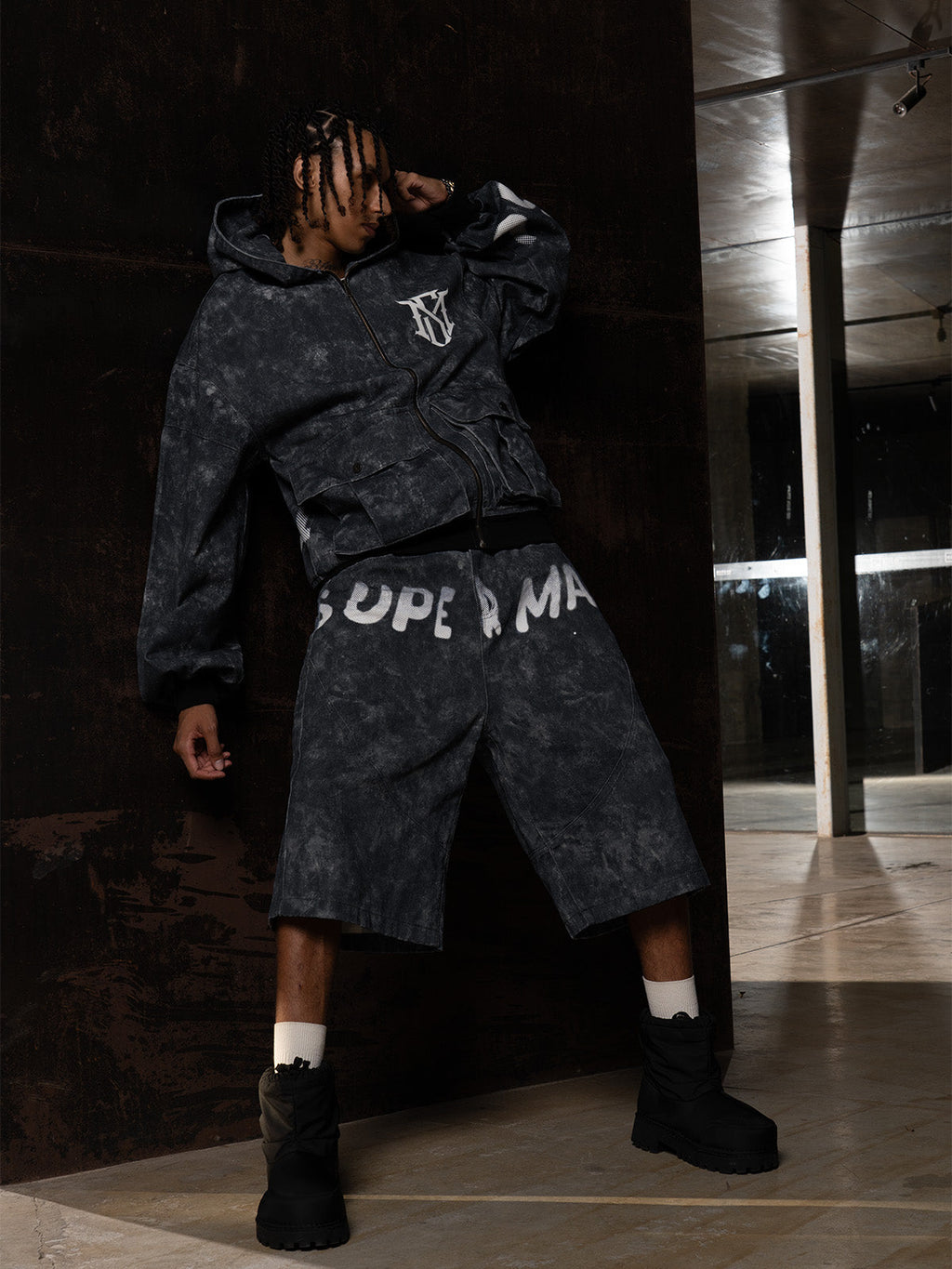 Original Oversized Denim Hoodie And Shorts Set - 2583