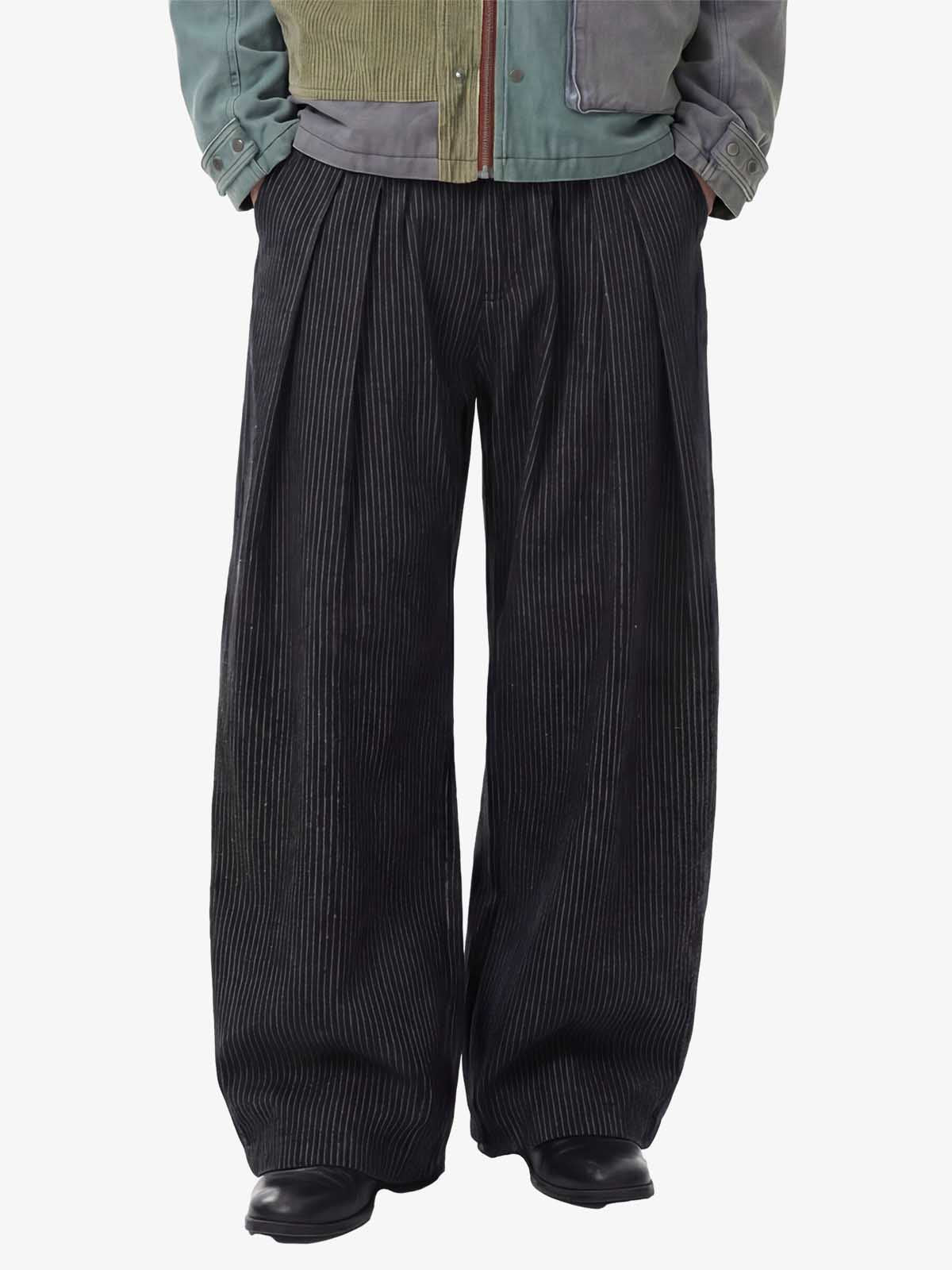 Vintage Pinstripe Pleated Wide-Leg Barrel Pants