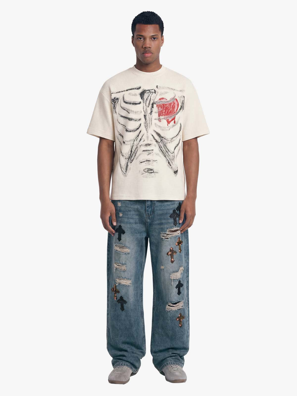 Skeleton & Melted Heart Graphic Waffle Knit T-Shirt