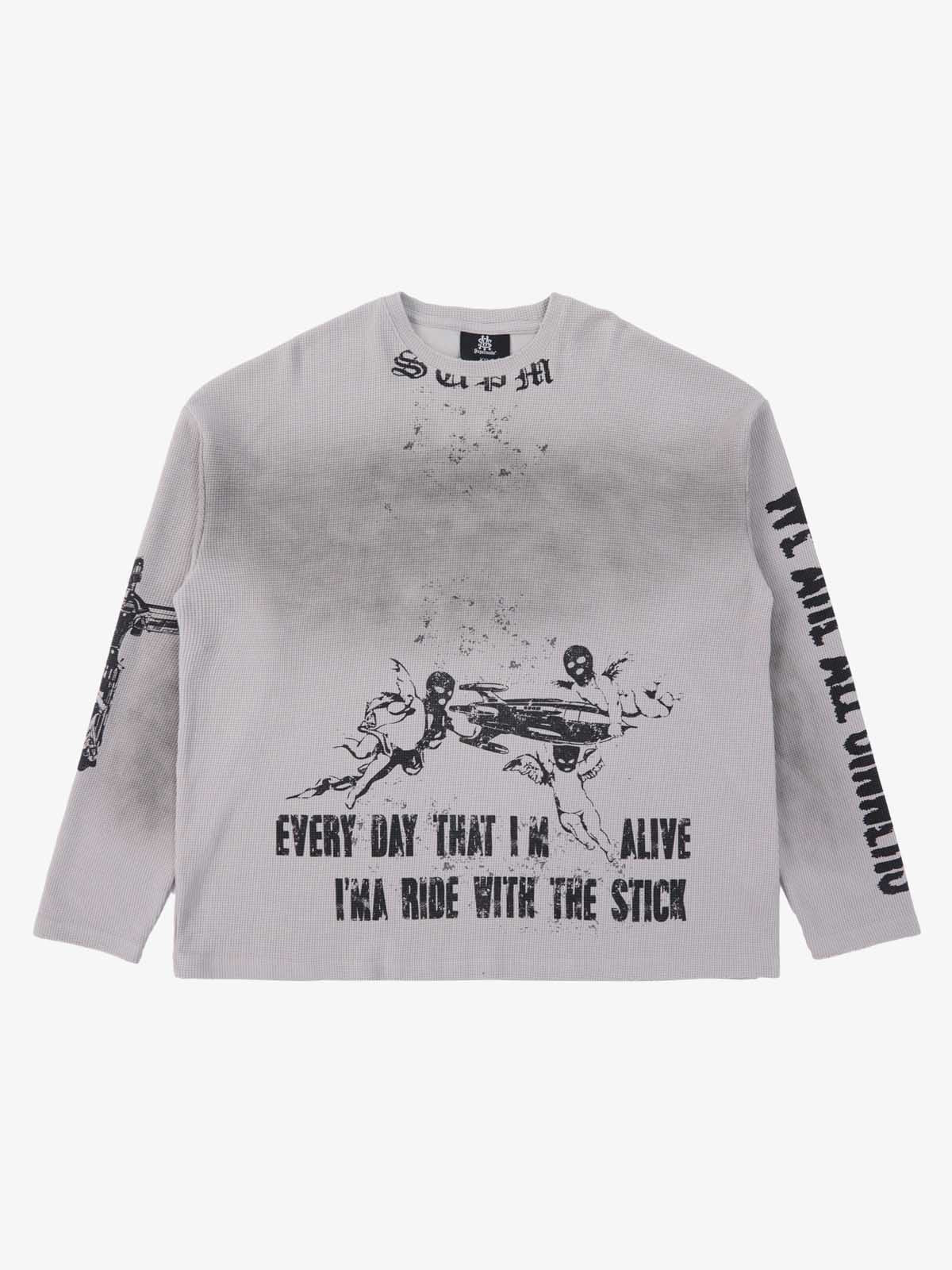 Waffle-Knit Distressed Gradient Print Long T-Shirt