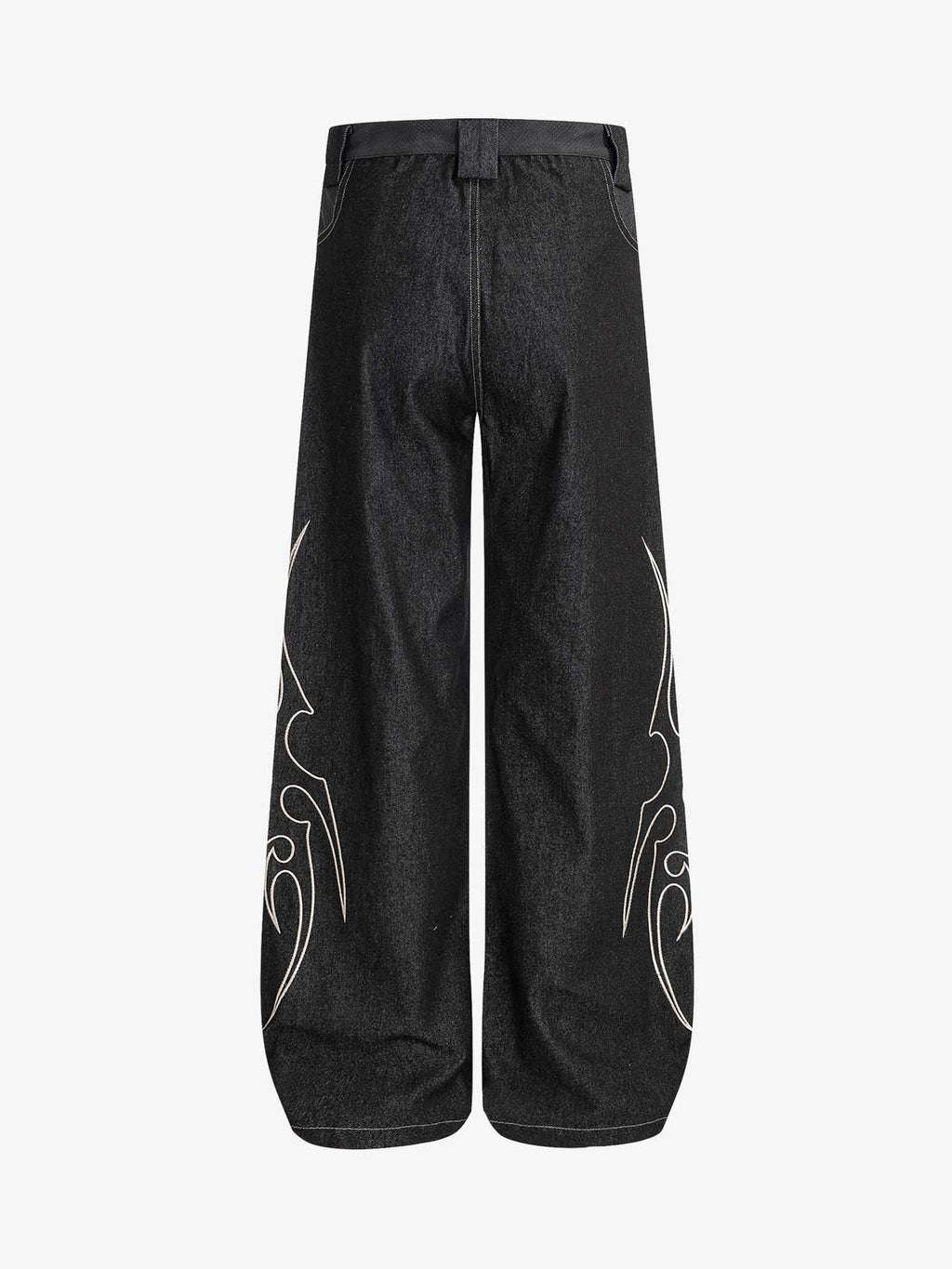 Flame Embroidered Wide Leg Washed Denim Jeans