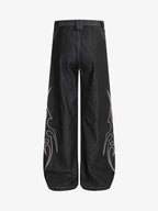 Flame Embroidered Wide Leg Washed Denim Jeans