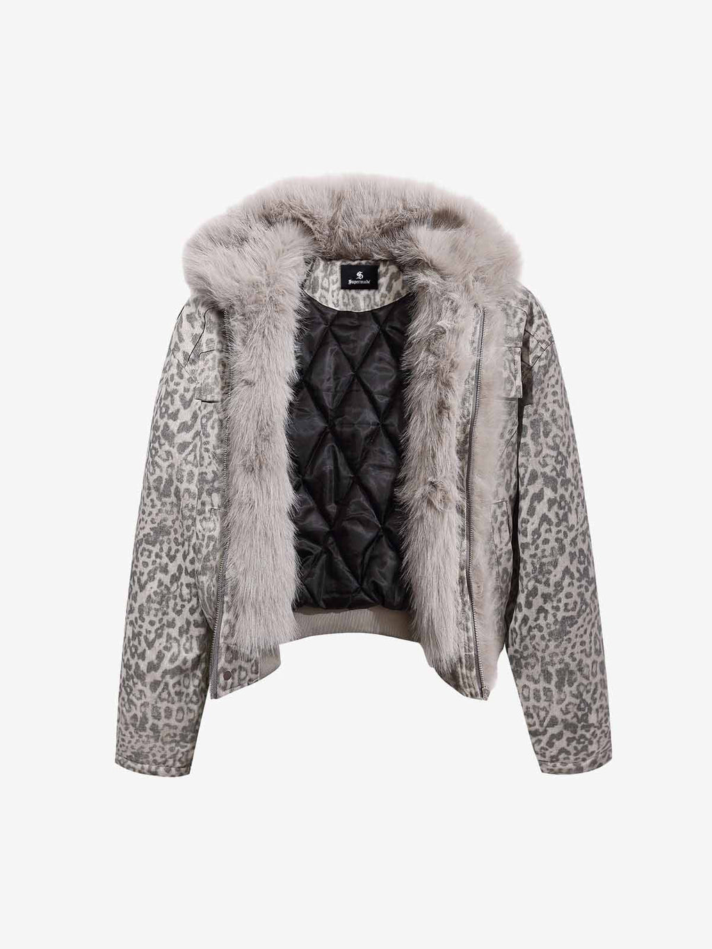 Vintage Leopard Fleece Faux Fur Collar Panel Trim Padded Jacket