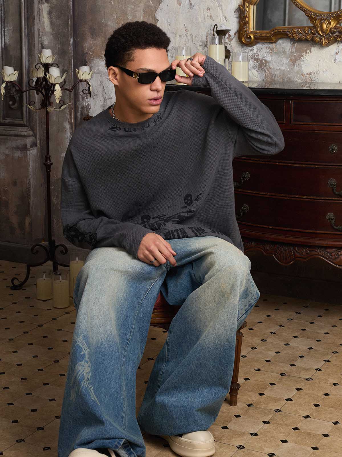 Waffle-Knit Distressed Gradient Print Long T-Shirt
