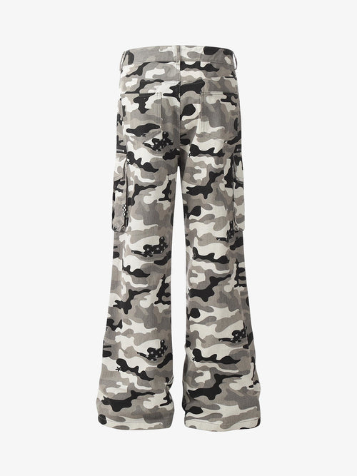 Checkerboard Patches Camo Cargo Flared Pants