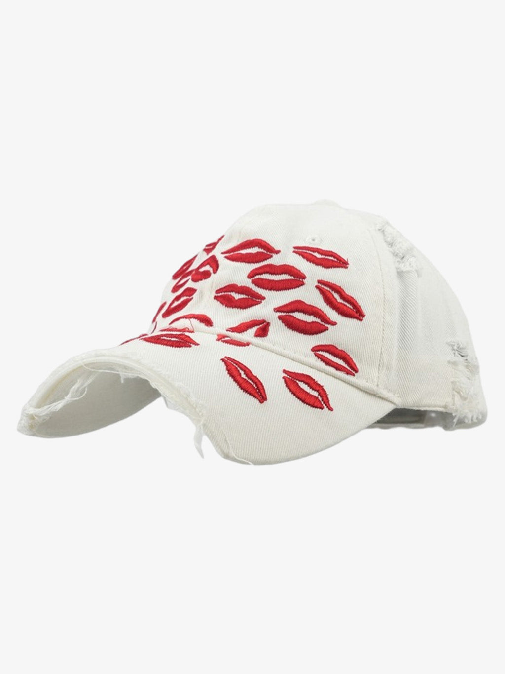 Red Lip Embroidery Distressed Baseball Cap
