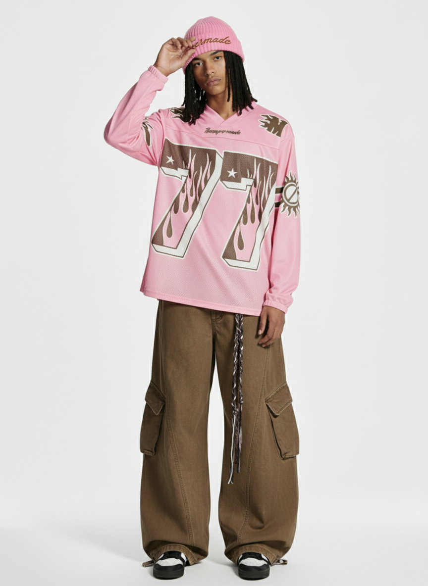 Retro Graphic Flame Number Print Long-Sleeve Jersey T-Shirt