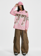 Retro Graphic Flame Number Print Long-Sleeve Jersey T-Shirt