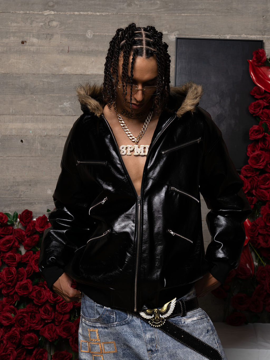 Multi-Zip Fur Hooded Leather Jacket