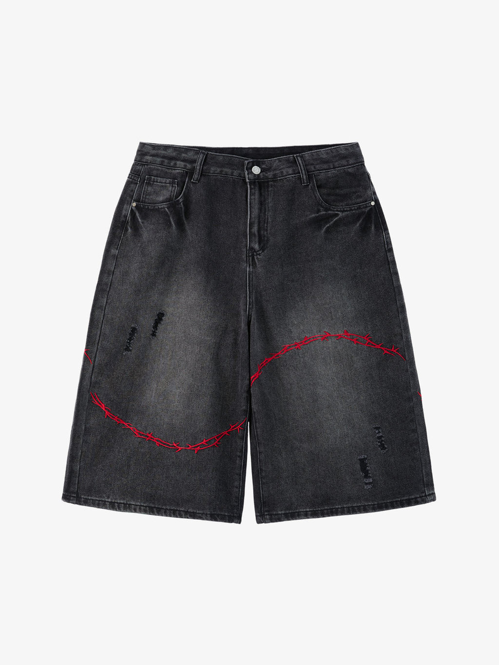 Vintage Barbed Wire Embroidery Distressed Washed Denim Jorts
