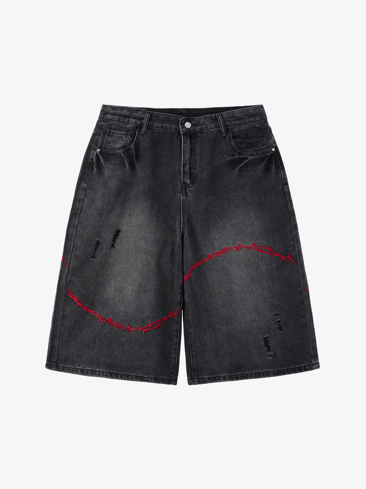 Vintage Barbed Wire Embroidery Distressed Washed Denim Jorts