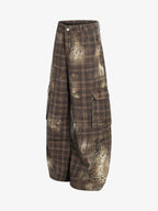 Plaid Leopard Print Cargo Barrel Jeans