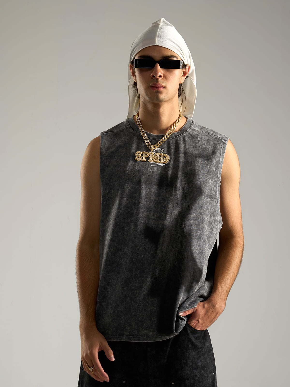 Cross-Print Distressed Washed Vest
