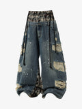 Distressed Plaid Layered Drawstring Wide Leg Jeans