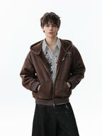 Vintage Leather Badge Fleece-lined Hooded Zip Bomber Jacket - 2547