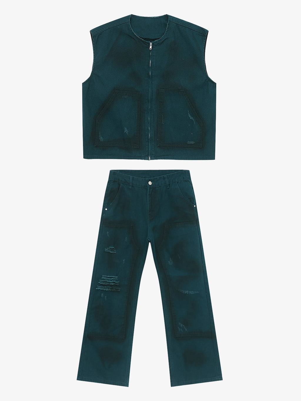Airbrush Print Sleeveless Vest & Straight Leg Jeans Set