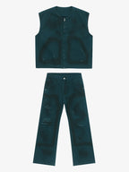 Airbrush Print Sleeveless Vest & Straight Leg Jeans Set
