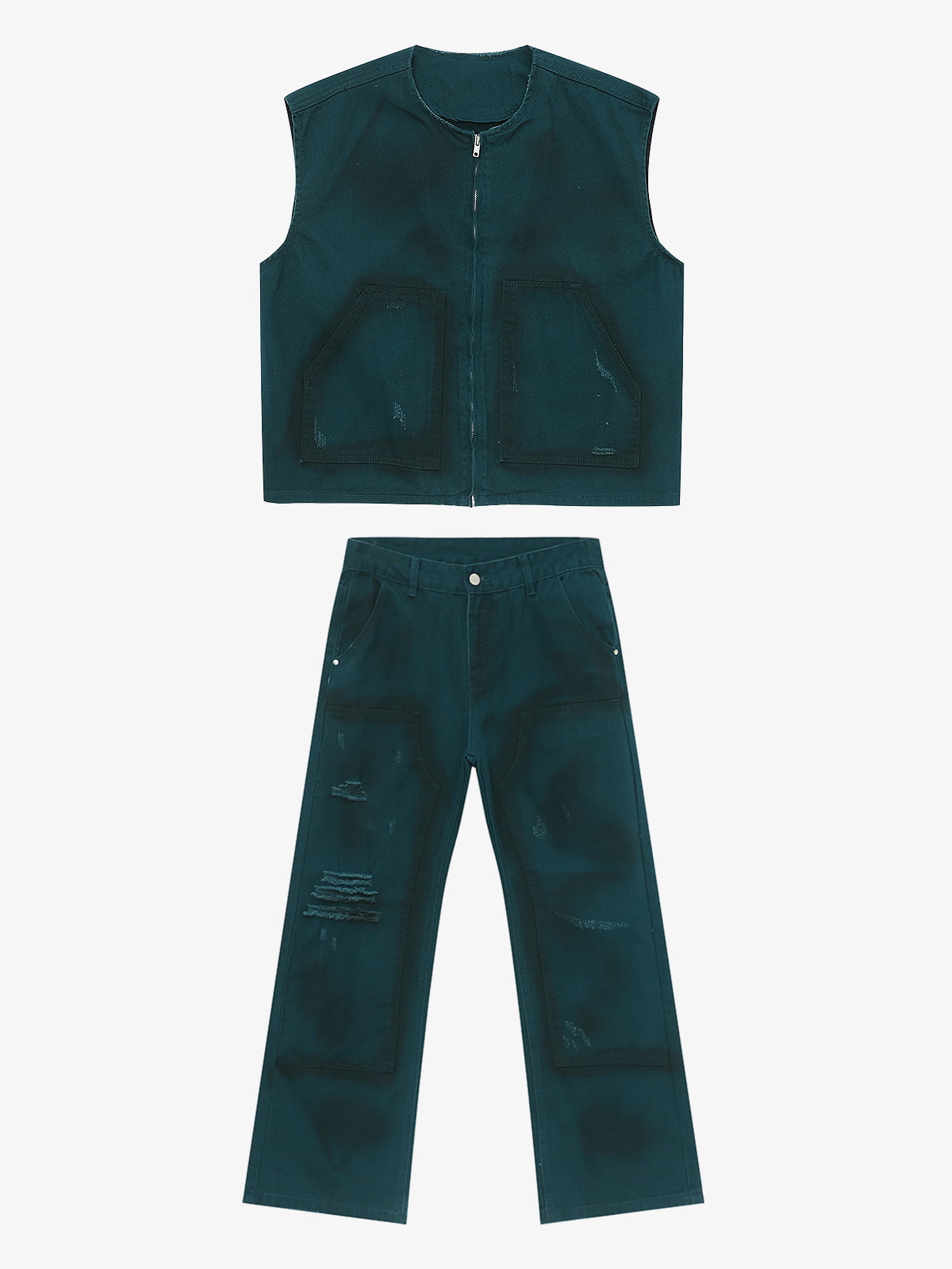 Airbrush Print Sleeveless Vest & Straight Leg Jeans Set