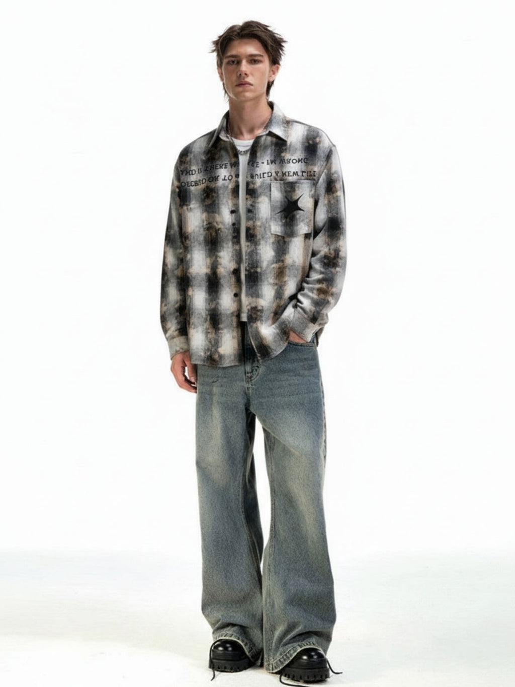 Streetwear Washed Distressed Plaid Long Sleeve Shirt