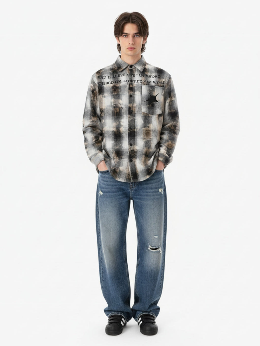 Streetwear Washed Distressed Plaid Long Sleeve Shirt