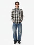 Streetwear Washed Distressed Plaid Long Sleeve Shirt