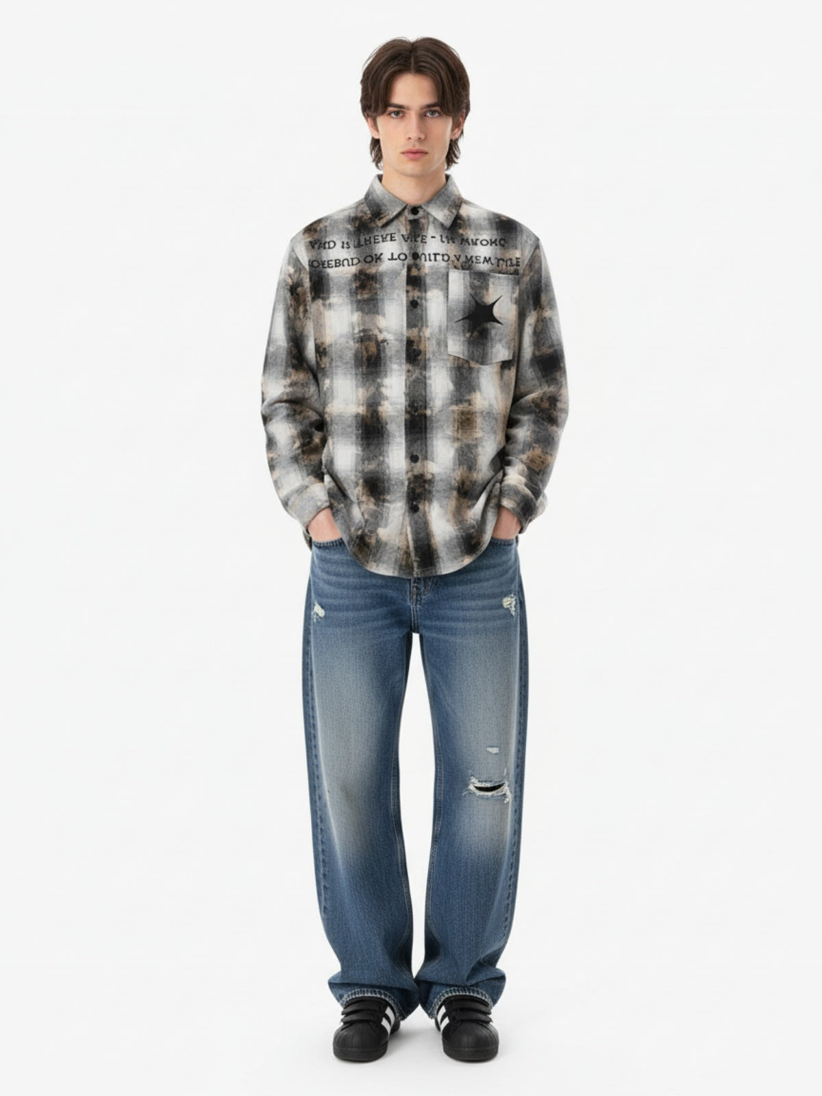 Streetwear Washed Distressed Plaid Long Sleeve Shirt