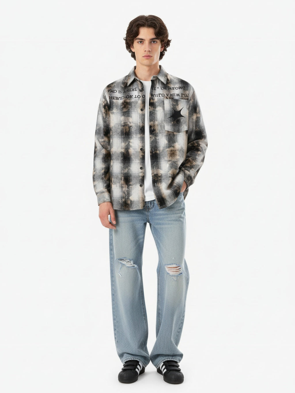 Streetwear Washed Distressed Plaid Long Sleeve Shirt