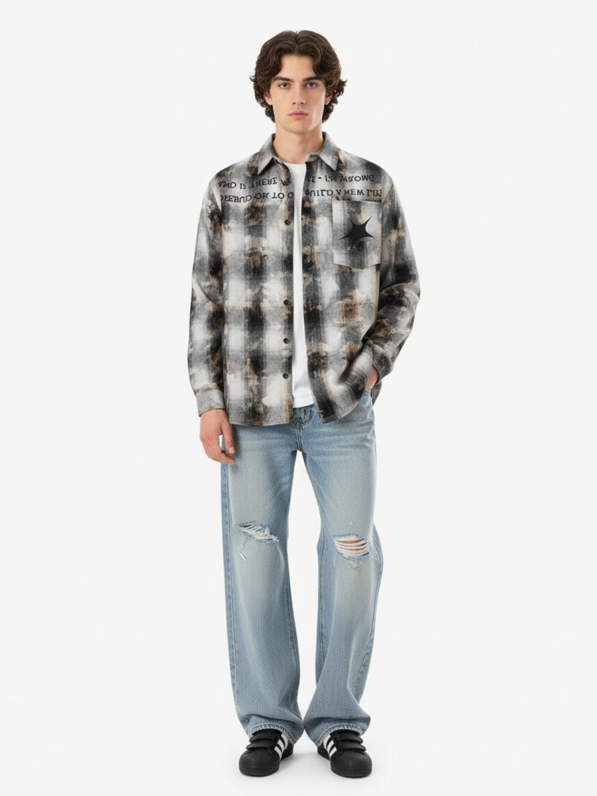 Streetwear Washed Distressed Plaid Long Sleeve Shirt
