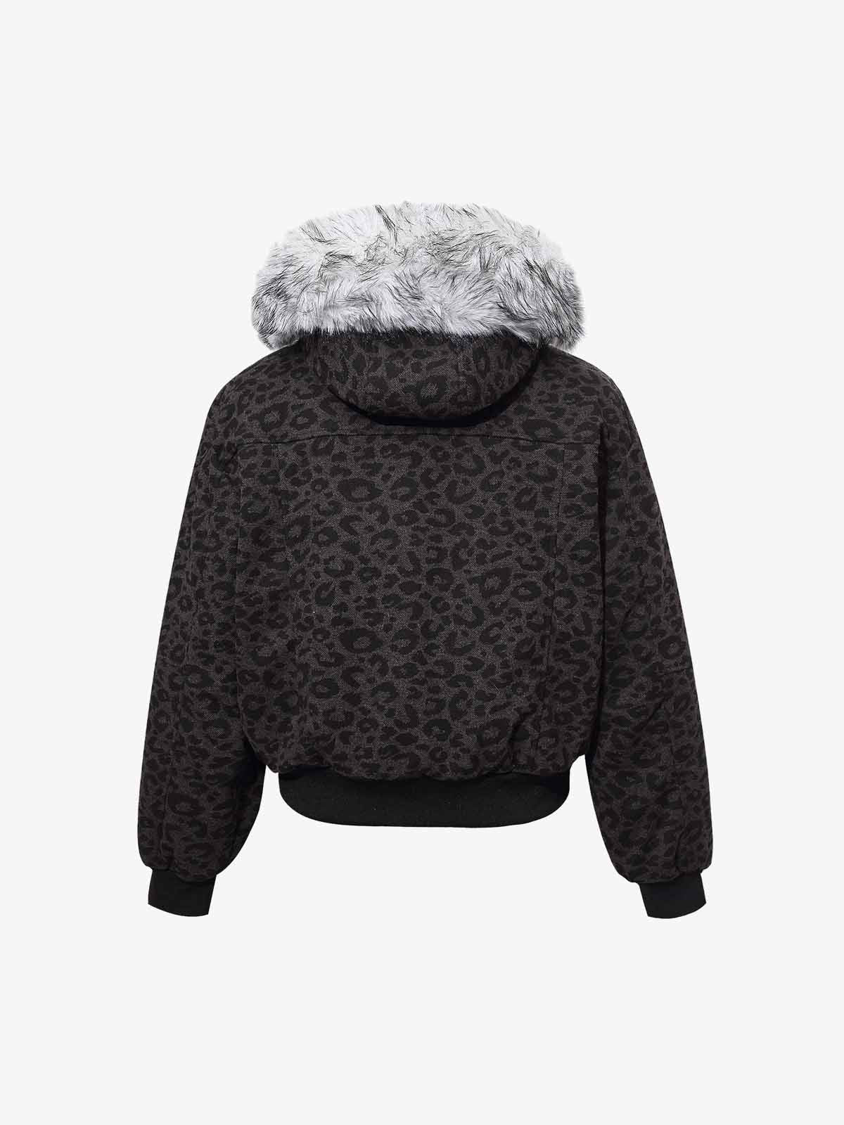 Retro Faux Fur Trimmed Hood Leopard Print Bomber Jacket