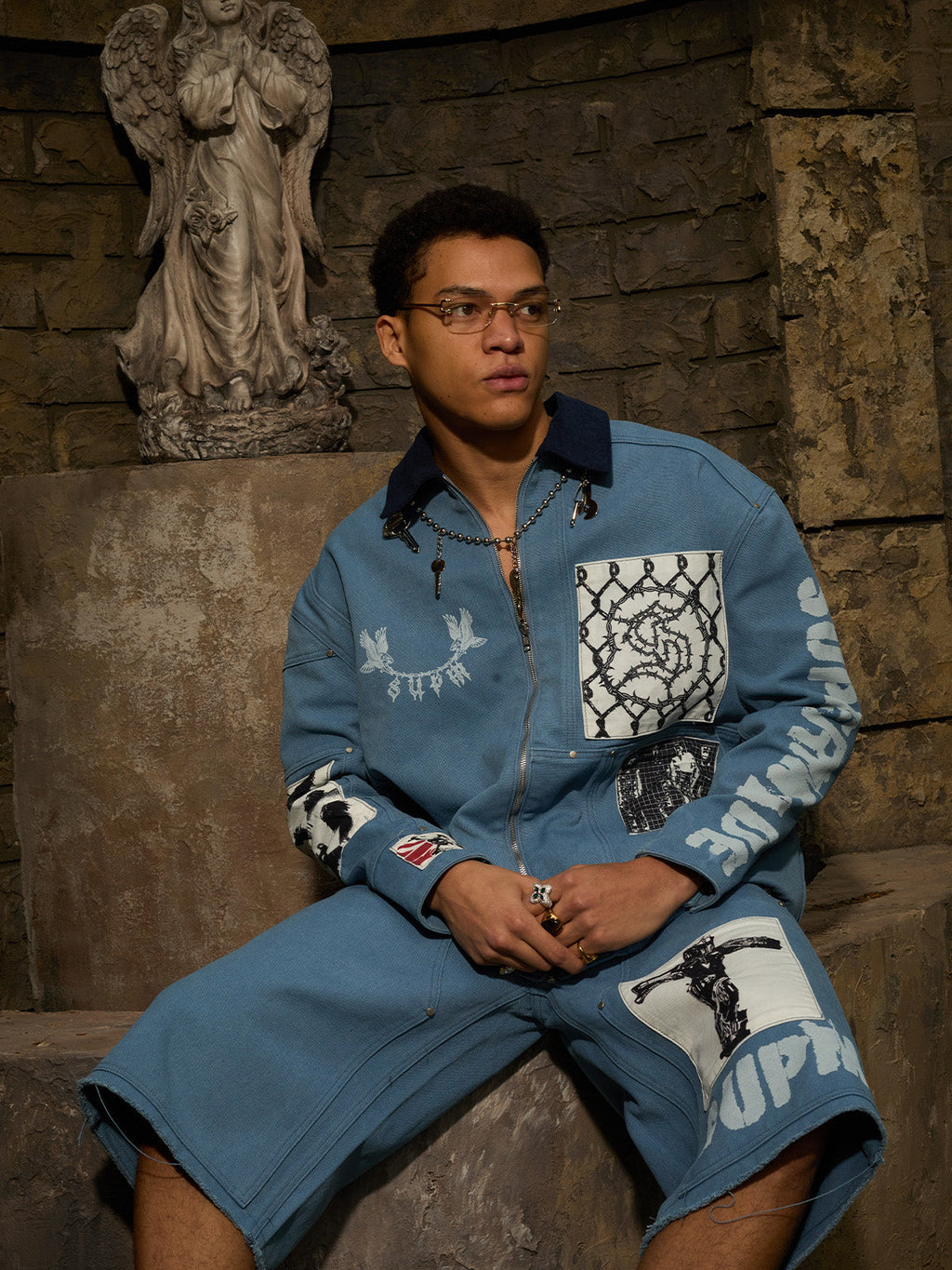 precipice Multi-Element Appliqué Patchwork Denim Suit - 2593